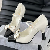 CC POINTED TOE HIGH HEELS IN WHITE MIX BLACK LAMBSKIN GOLD HARDWARE